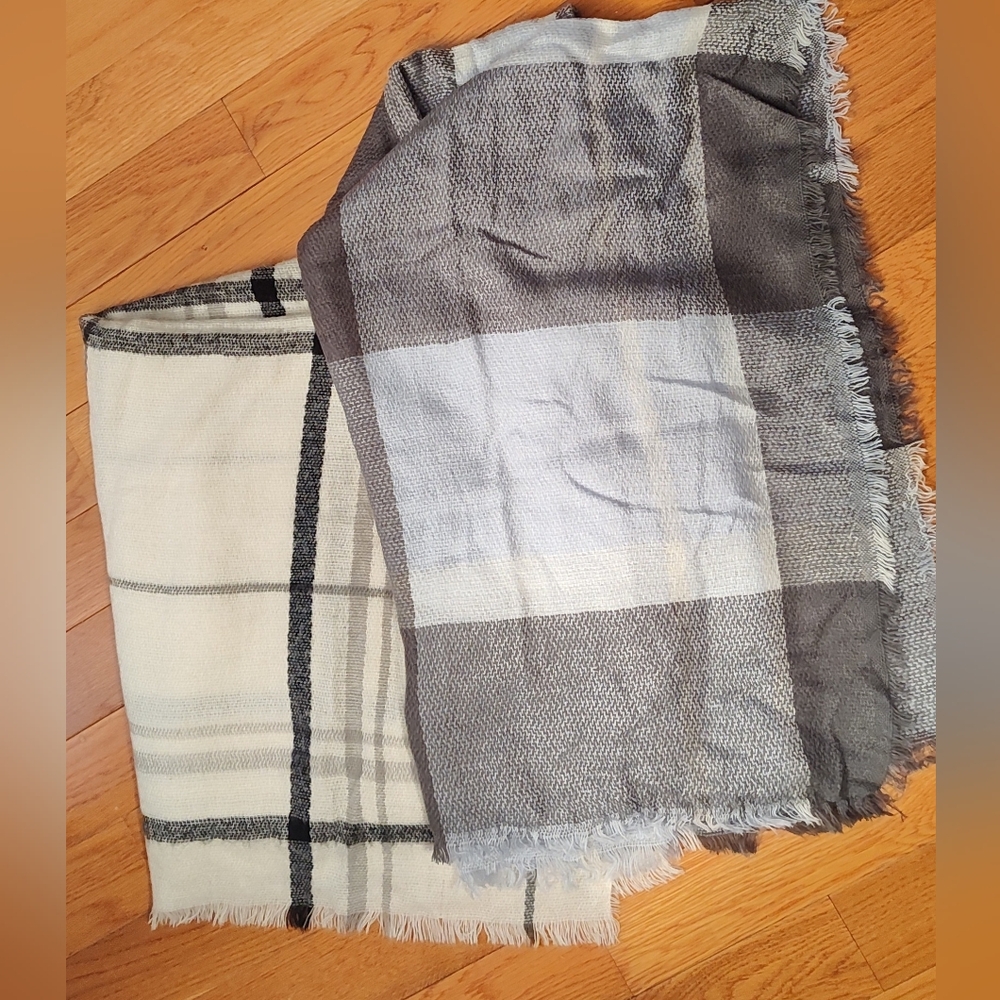 Plaid, White & Gray and Blue Scarves set Of 2